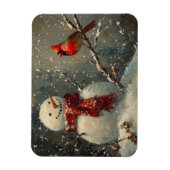 雪だるまと(鳥)ショウジョウコウカンチョウ油絵柔軟 マグネット (縦)