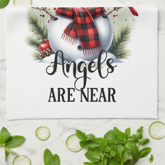 雪だるまと(鳥)ショウジョウコウカンチョウwithエンジェル引用文 キッチンタオル (折り畳み)