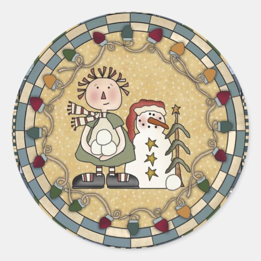 雪だるまとRaggedy Dollのステッカー – カスタマイズ ラウンドシール (正面)