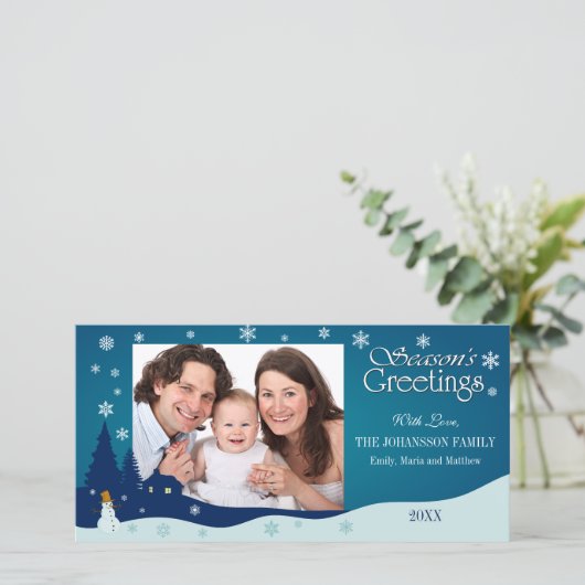 雪だるまのあるホリデー・ウィンター・ランドスケープの写真カード シーズンカード (スタンド正面)