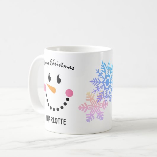 雪だるまのおもしろい顔、メリークリスマス コーヒーマグカップ (正面左)