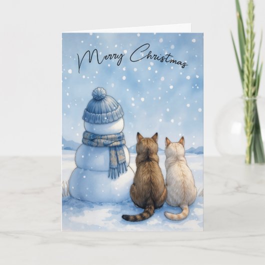 雪だるまのそばに座るクリスマスの猫たち 雪原編 カード (正面)