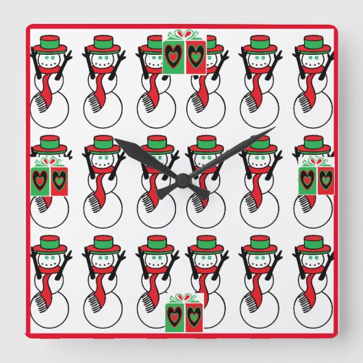 雪だるまのアクリル製クリスマスウォールクロック スクエア壁時計 (正面)