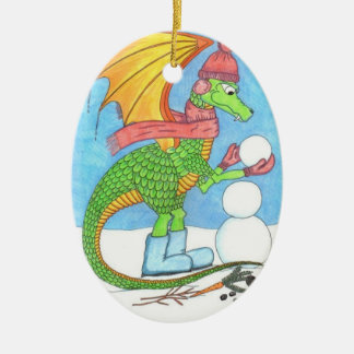 雪だるまのオーナメントを造るドラゴン セラミックオーナメント