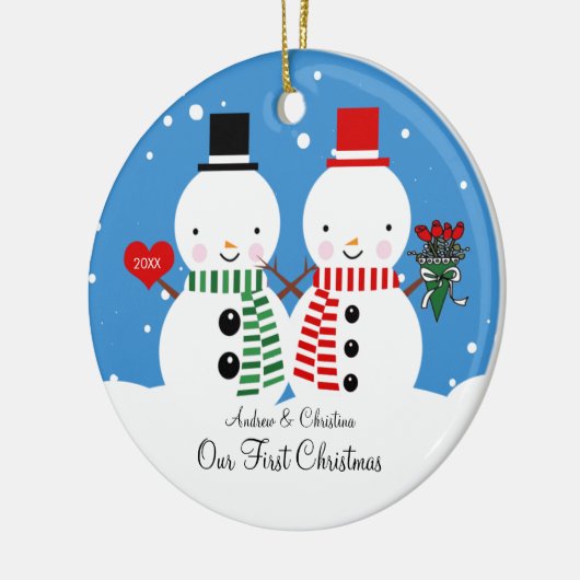 雪だるまのカップル私達の初めてのクリスマスのオーナメント セラミックオーナメント (左)