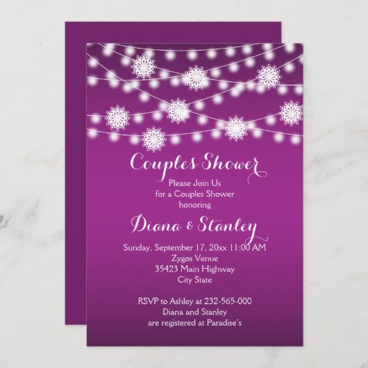 雪だるまのカップル結婚のシャワーの光の列 招待状 (正面/裏面)