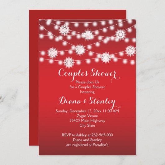 雪だるまのカップル結婚のシャワーの光の列 招待状 (正面/裏面)