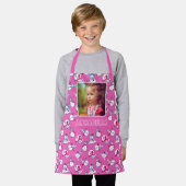 雪だるまのクリスマス名とフォトピガーリーンク エプロン (着用した状態)