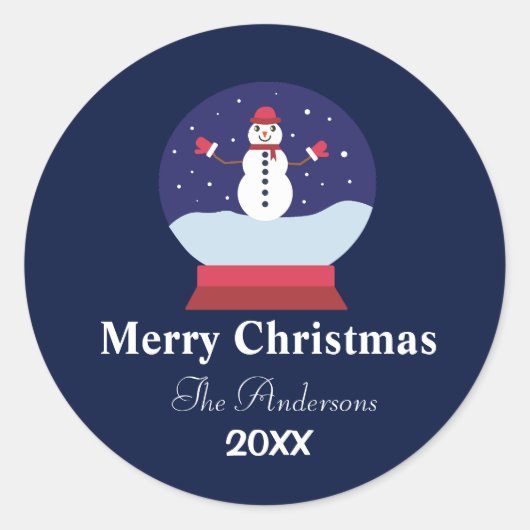 雪だるまのクリスマス家族の名前入りスノーグローブ ラウンドシール (正面)