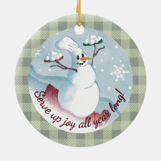 雪だるまのシェフでスノーボールのクリスマス飾りを出す セラミックオーナメント (裏面)