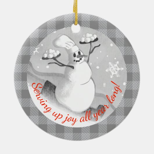 雪だるまのシェフのサービングの雪玉のクリスマスのオーナメント セラミックオーナメント (裏面)