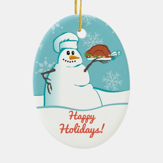 雪だるまのシェフの七面鳥の夕食のクリスマスのオーナメント セラミックオーナメント (裏面)