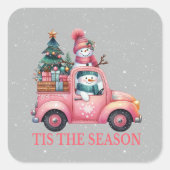 雪だるまのドライビングピンクのトラックの木の贈り物 スクエアシール (正面)