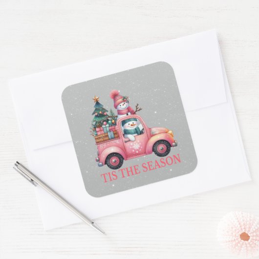雪だるまのドライビングピンクのトラックの木の贈り物 スクエアシール (封筒)