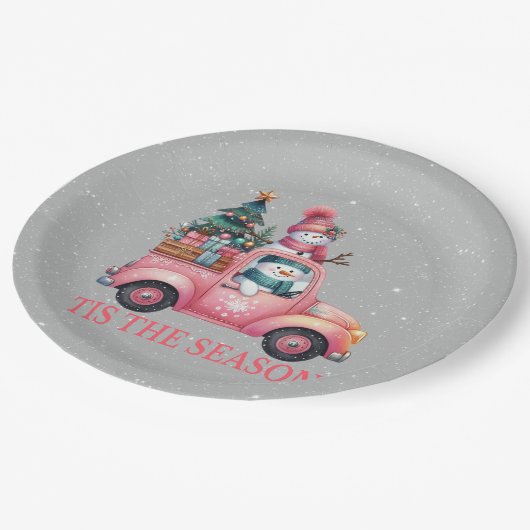 雪だるまのドライビングピンクのトラックの木の贈り物 ペーパープレート (アングル)