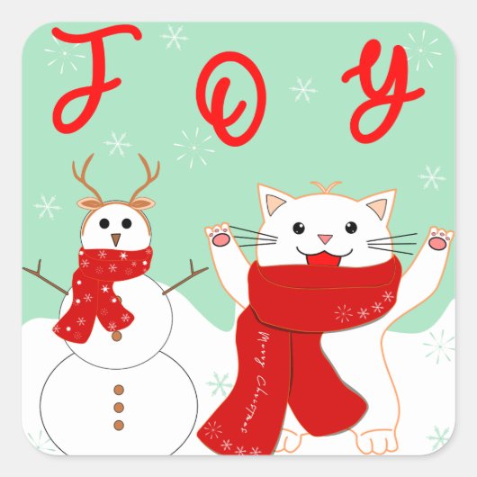 雪だるまのハッピー猫 | かわいいクリスマスステッカー スクエアシール (正面)