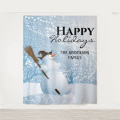 雪だるまのハッピー ホリデー ファミリー グリーティング バックドロップ タペストリー (正面)