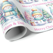 雪だるまのパーソナライズされたピンクの名前の女の子のクリスマス ラッピングペーパー (ロールコーナー)