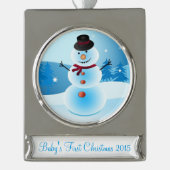 雪だるまのベビーの初めてのクリスマスフレームのオーナメント シルバープレートバナーオーナメント (正面)
