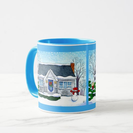雪だるまのマグが付いているかわいいクリスマスの家 マグカップ (正面左)