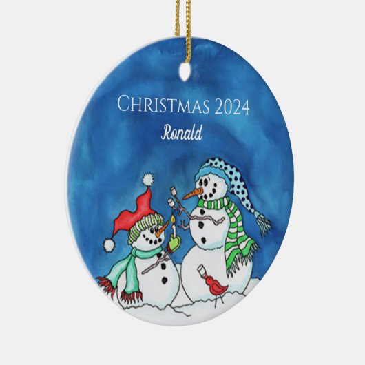 雪だるまのローストマーシュメロパーソナライズされたア飾り セラミックオーナメント (右)