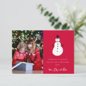 雪だるまの写真 子供のクリスマス サンキューカード (スタンド正面)