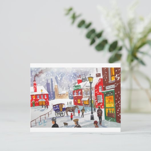 雪だるまの冬のシーンフォークア絵画ートが懐かしい ポストカード (スタンド正面)