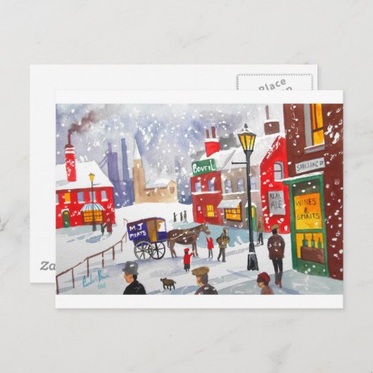 雪だるまの冬のシーンフォークア絵画ートが懐かしい ポストカード (正面/裏面)