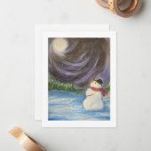 雪だるまの冬の風景 フラット ノート カード (正面/裏面インサイチュ)