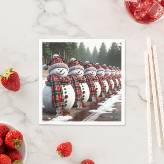 雪だるまの列の着用タータンチェック格子状のスカーフ スタンダードカクテルナプキン (インサイチュ)
