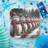 雪だるまの列の着用タータンチェック格子状のスカーフ ペーパープレート (パーティー)