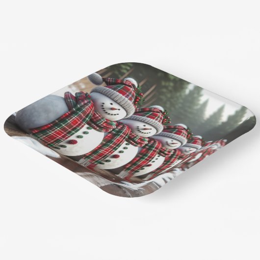 雪だるまの列の着用タータンチェック格子状のスカーフ ペーパープレート (傾斜あり)