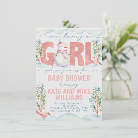 雪だるまの女の子のベビーシャワーの招待状の招待 招待状 (スタンド正面)