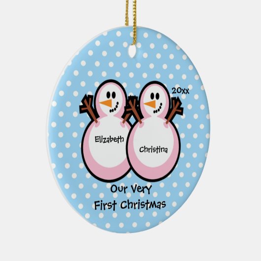 雪だるまの対の女の子のベビーの初めてのクリスマスのオーナメント セラミックオーナメント (右)