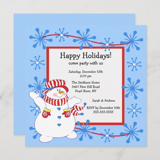 雪だるまの幸せな休日のクリスマスのパーティの招待状 招待状 (正面/裏面)