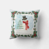 雪だるまの水彩ホリーパイン葉ブルーウィンター クッション (裏面)