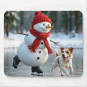 雪だるまの犬とアイススケート マウスパッド (正面)