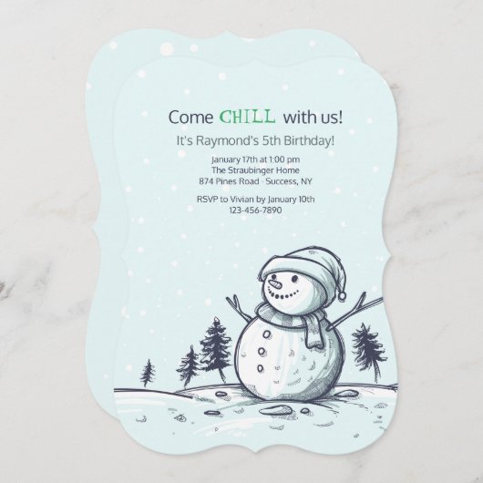雪だるまの誕生日の招待状 招待状 (正面/裏面)