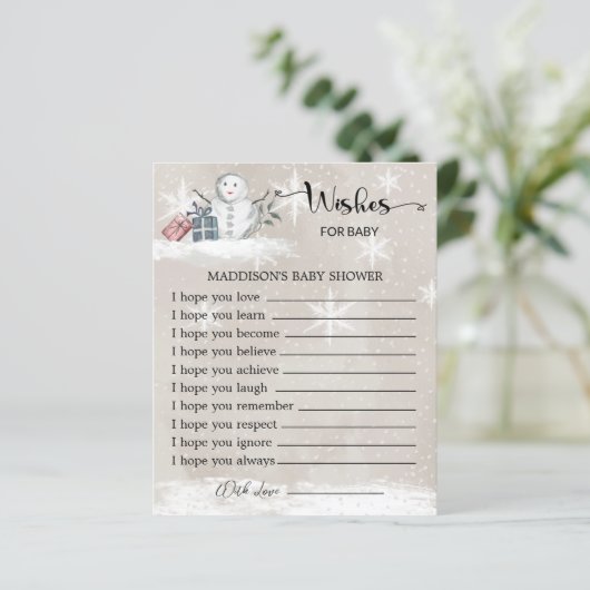 雪だるまの赤ちゃんシャワーの願いベビーカード (スタンド正面)