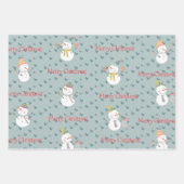 雪だるまの雪の赤い緑のクリスマス ラッピングペーパーシート (正面2)