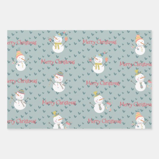 雪だるまの雪の赤い緑のクリスマス ラッピングペーパーシート (正面2)