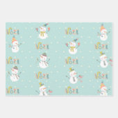 雪だるまの雪の赤い緑のクリスマス ラッピングペーパーシート (正面)