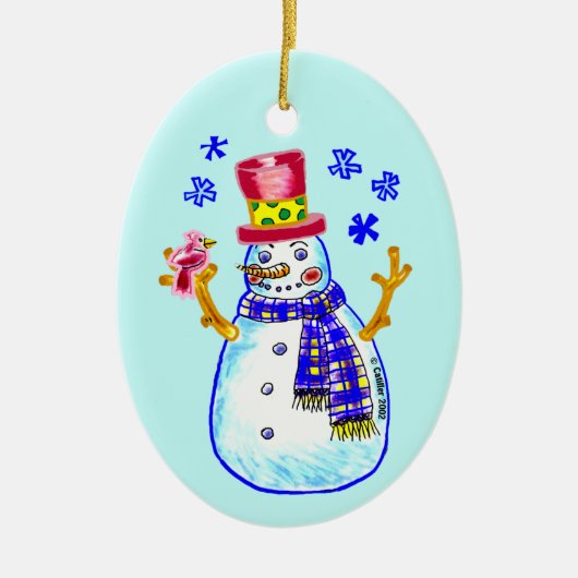 雪だるまの鳥の友達のオーナメント セラミックオーナメント (正面)