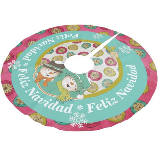 雪だるまのFeliz Navidadの休日の木のスカート ブラッシュドポリエステルツリースカート (アングル)