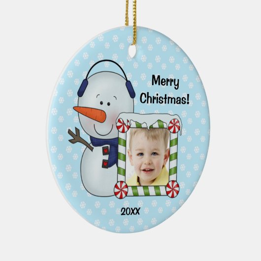 雪だるまはパーソナライズなクリスマスの写真をからかいます セラミックオーナメント (右)