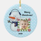 雪だるまはパーソナライズなクリスマスの写真をからかいます セラミックオーナメント (裏面)