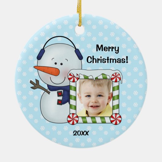 雪だるまはパーソナライズなクリスマスの写真をからかいます セラミックオーナメント (裏面)