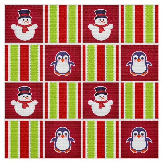 雪だるまやペンギンの可愛いクリスマスパターン ファブリック (見本)