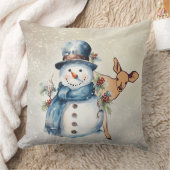 「雪だるまをホリーで囲む」と子鹿 クッション (ブランケット)