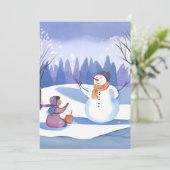 雪だるまを作ろう | 水彩冬の絵 シーズンカード (スタンド正面)